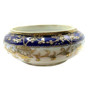 Antique Hand-Painted Nippon Porcelain Bowl With Gold Moriage & Cobalt Blue Accen